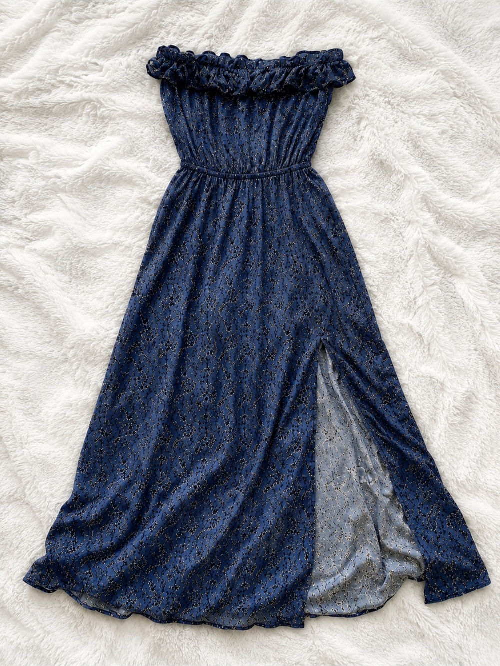 Strapless Navy Blue Ruffle Maxi Dress